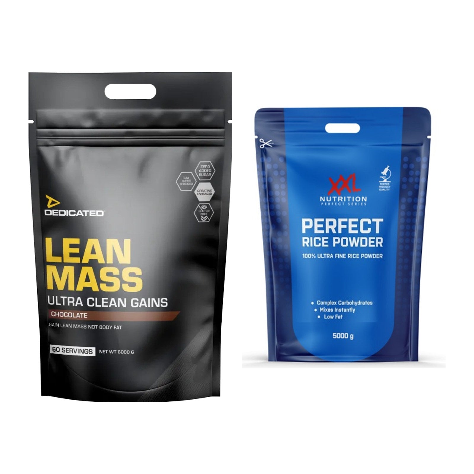 Masse-Duo: Dedicated Lean Mass Gainer + XXL Nutrition Perfect Rice – alle enthaltenen Artikel