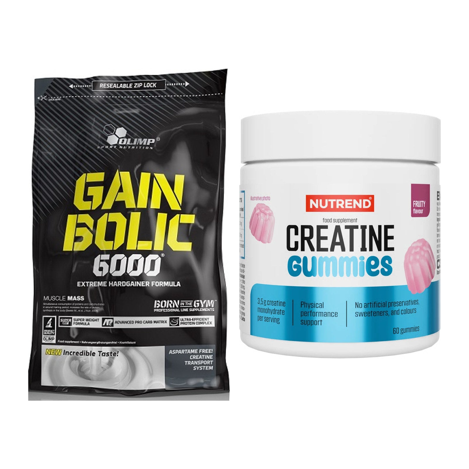 Masseaufbau-Set: Olimp Gain Bolic 6000 + Nutrend Creatine Gummies – alle enthaltenen Artikel