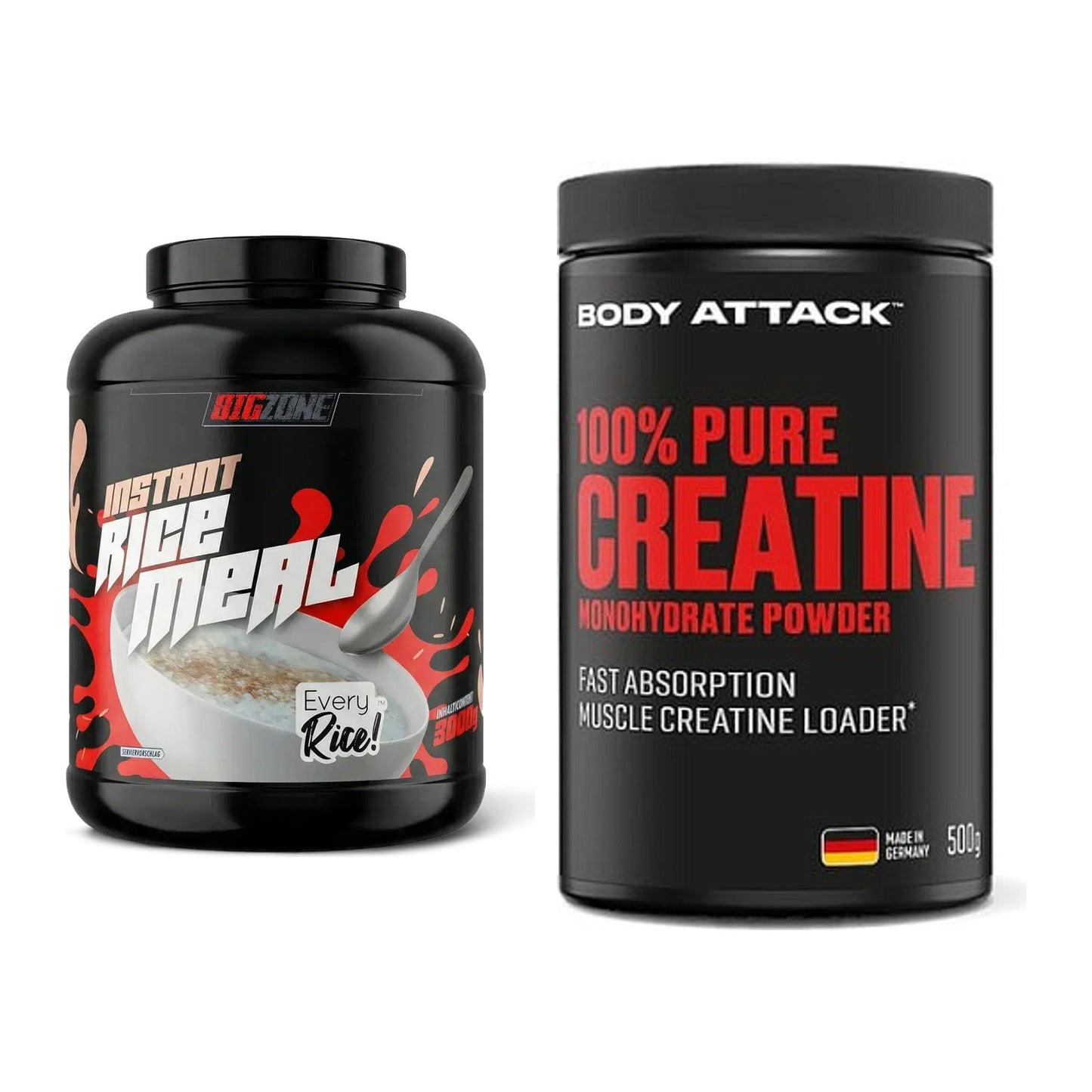 Masseaufbau-Set: Big Zone Rice Meal 3000g + Body Attack 100% Pure – alle enthaltenen Artikel