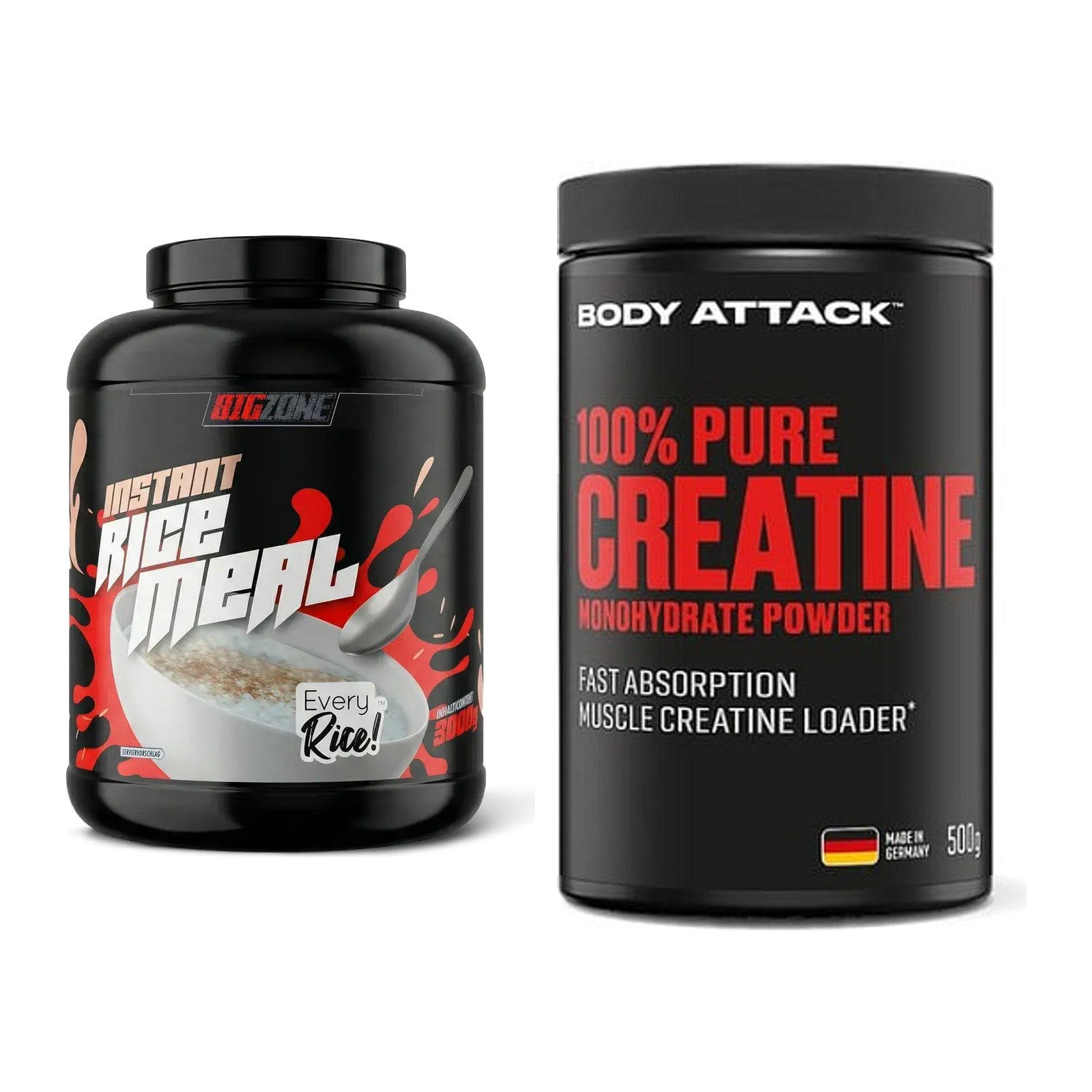Masseaufbau-Set: Big Zone Rice Meal 3000g + Body Attack 100% Pure – alle enthaltenen Artikel