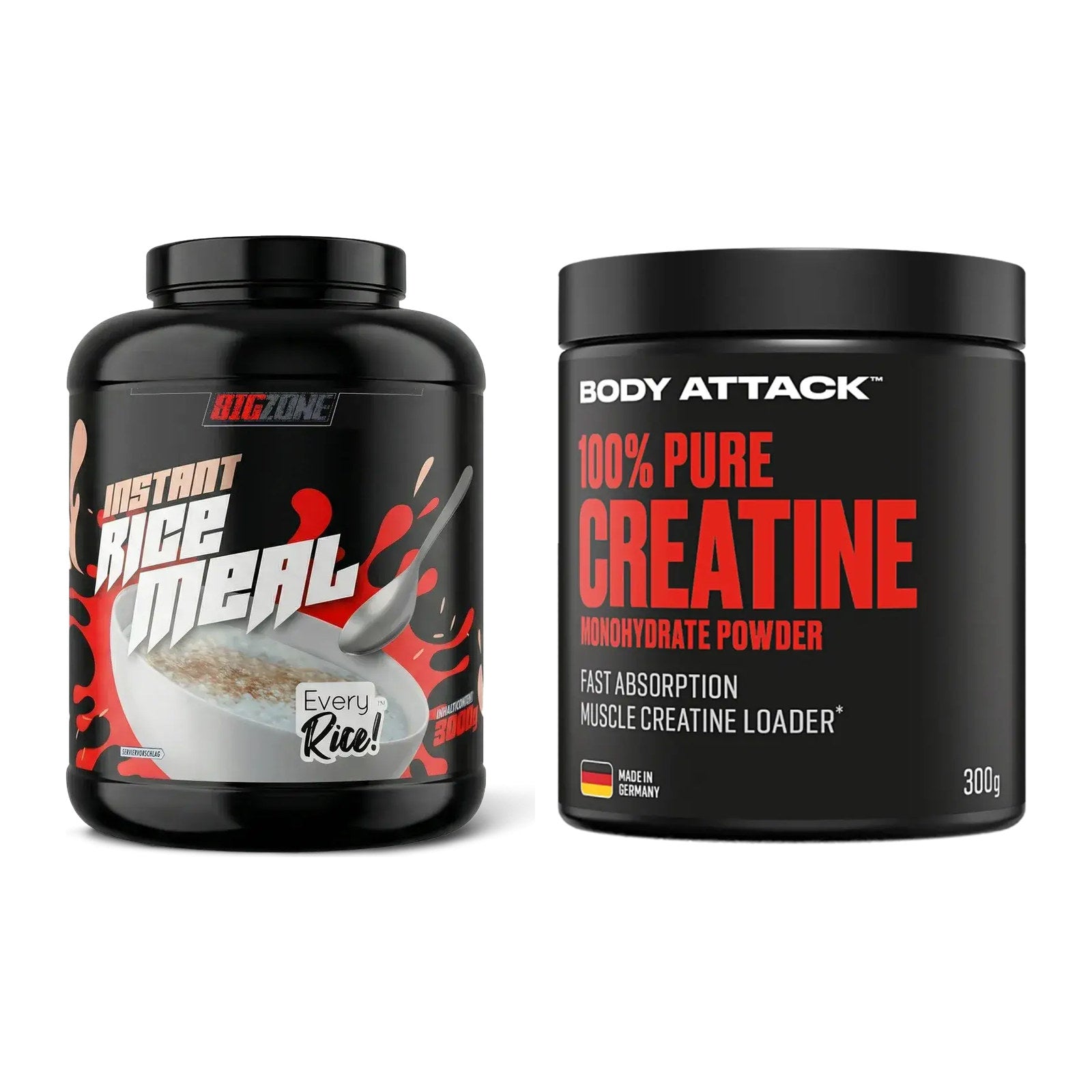 Masseaufbau-Set: Big Zone Rice Meal 3000g + Body Attack 100% Pure – alle enthaltenen Artikel
