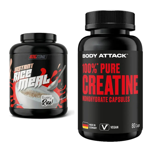 Masseaufbau-Set: Big Zone Rice Meal 3000g + Body Attack 100% Pure – alle enthaltenen Artikel