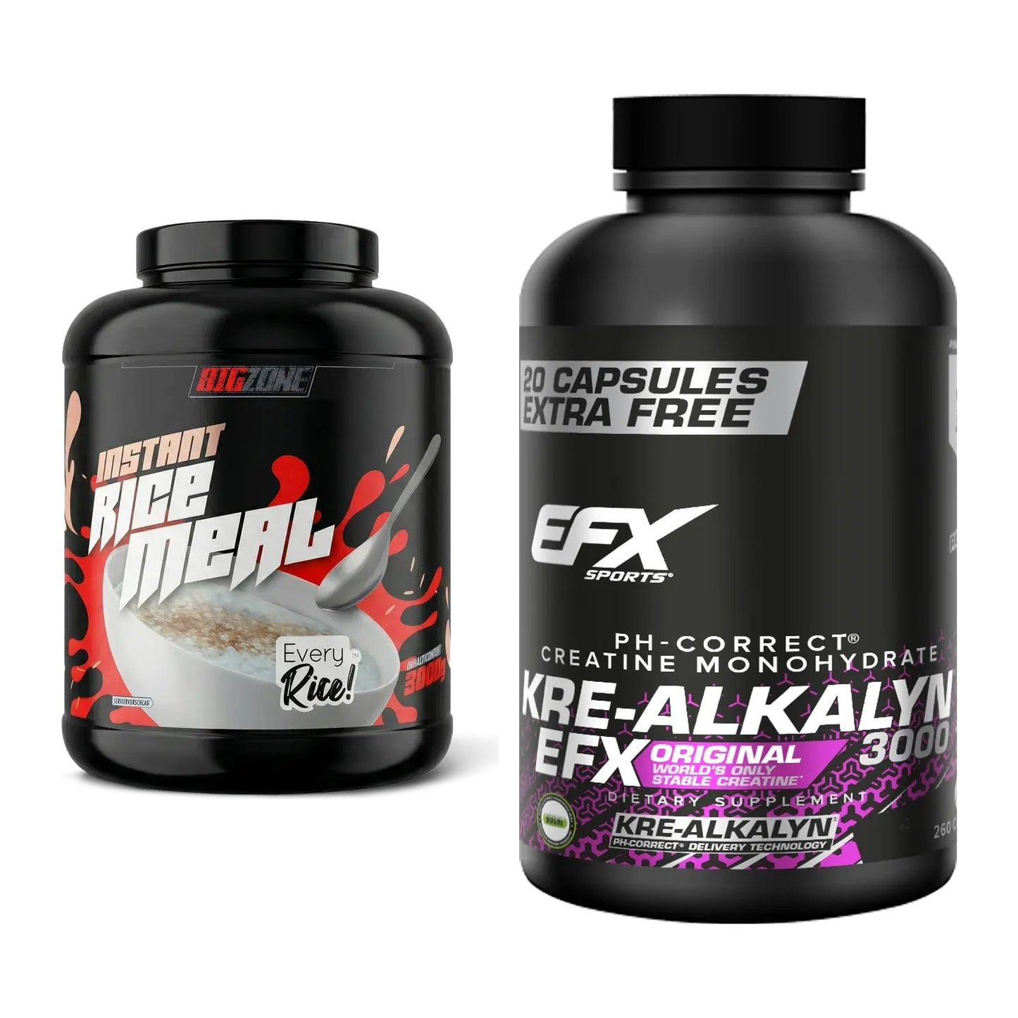 Masseaufbau-Set: Big Zone Rice Meal 3000g Dose + EFX Kre-Alkalyn 3000 – alle enthaltenen Artikel