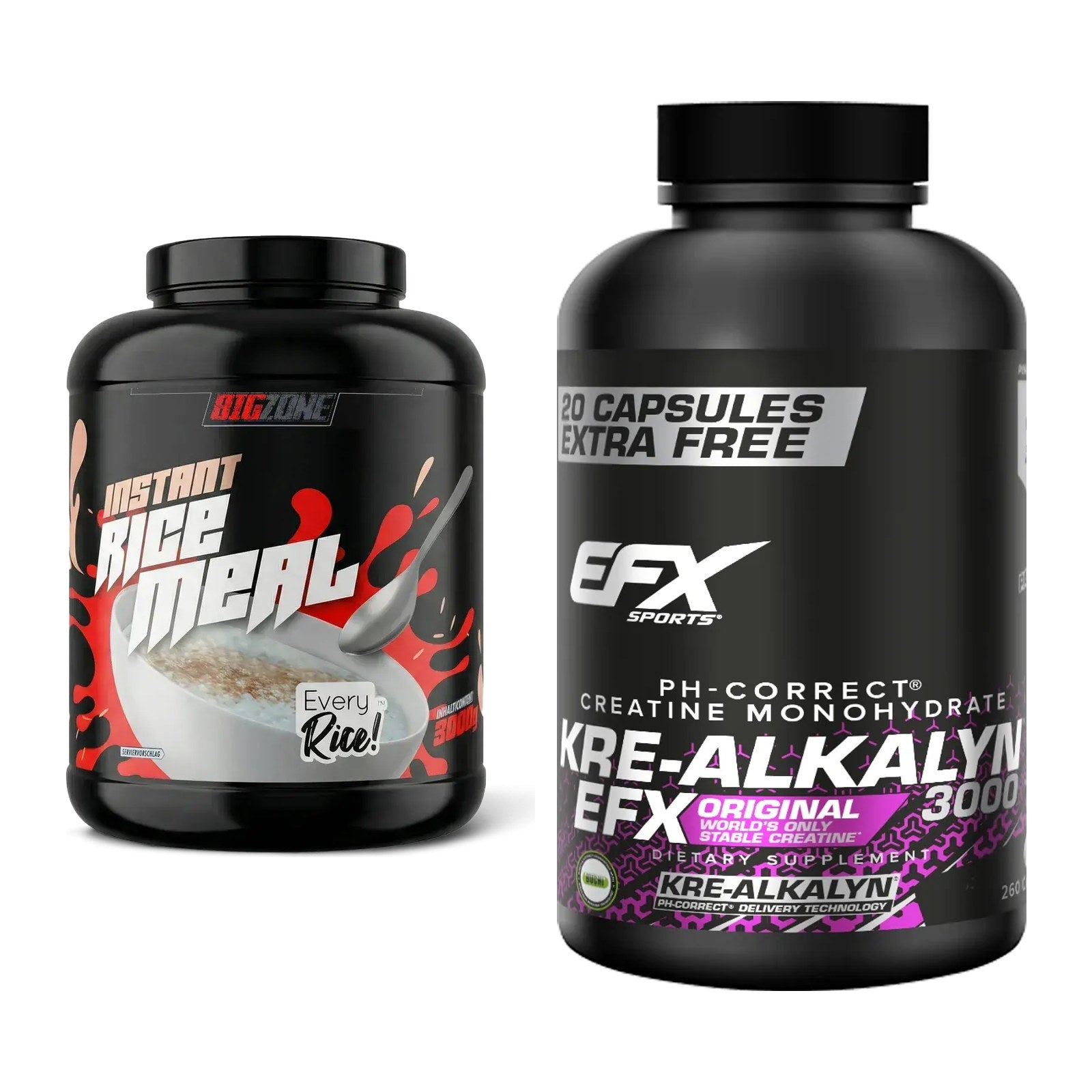 Masseaufbau-Set: Big Zone Rice Meal 3000g Dose + EFX Kre-Alkalyn 3000 – alle enthaltenen Artikel