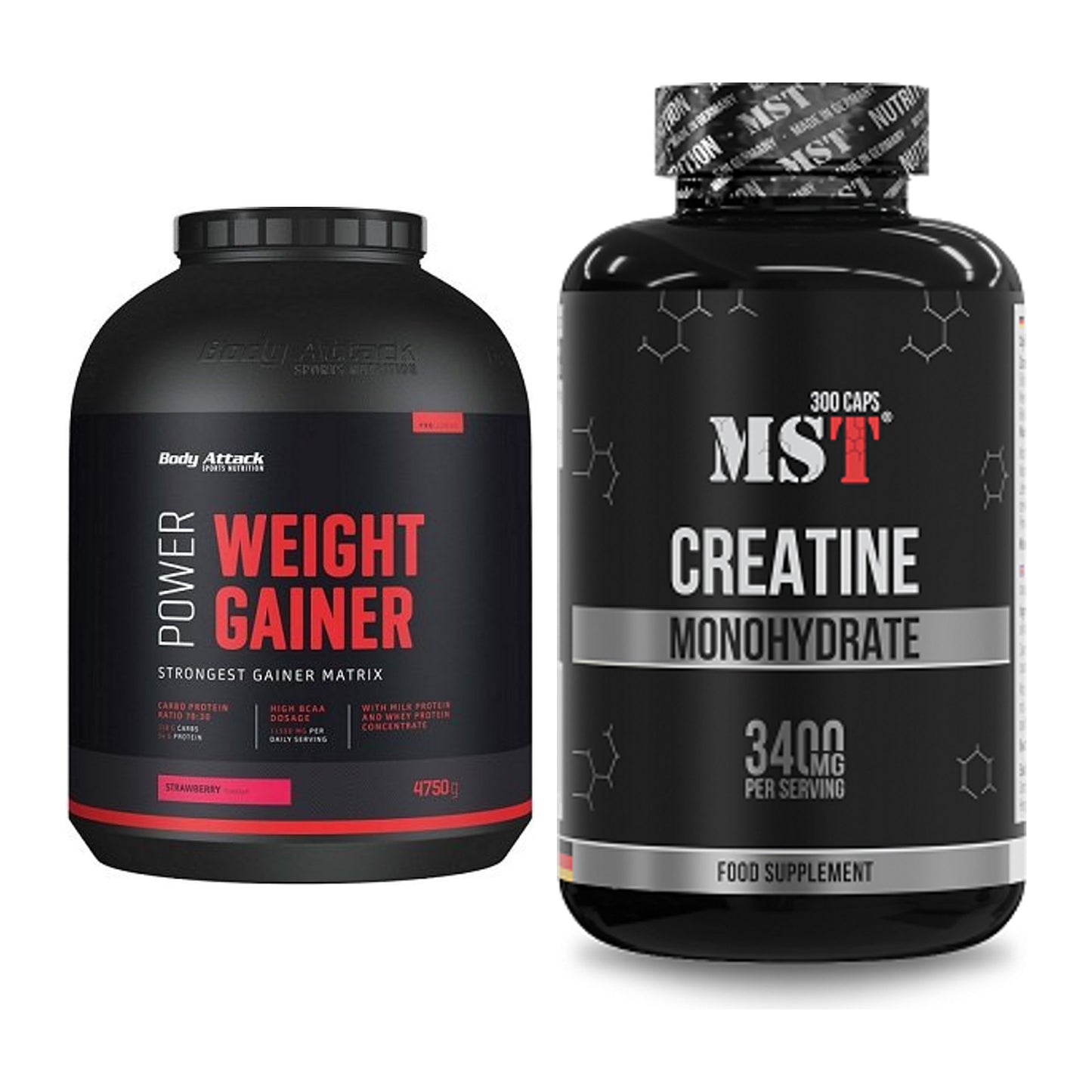 Masseaufbau-Set: Body Attack Power Weight + MST Creatine Monohydrate – alle enthaltenen Artikel
