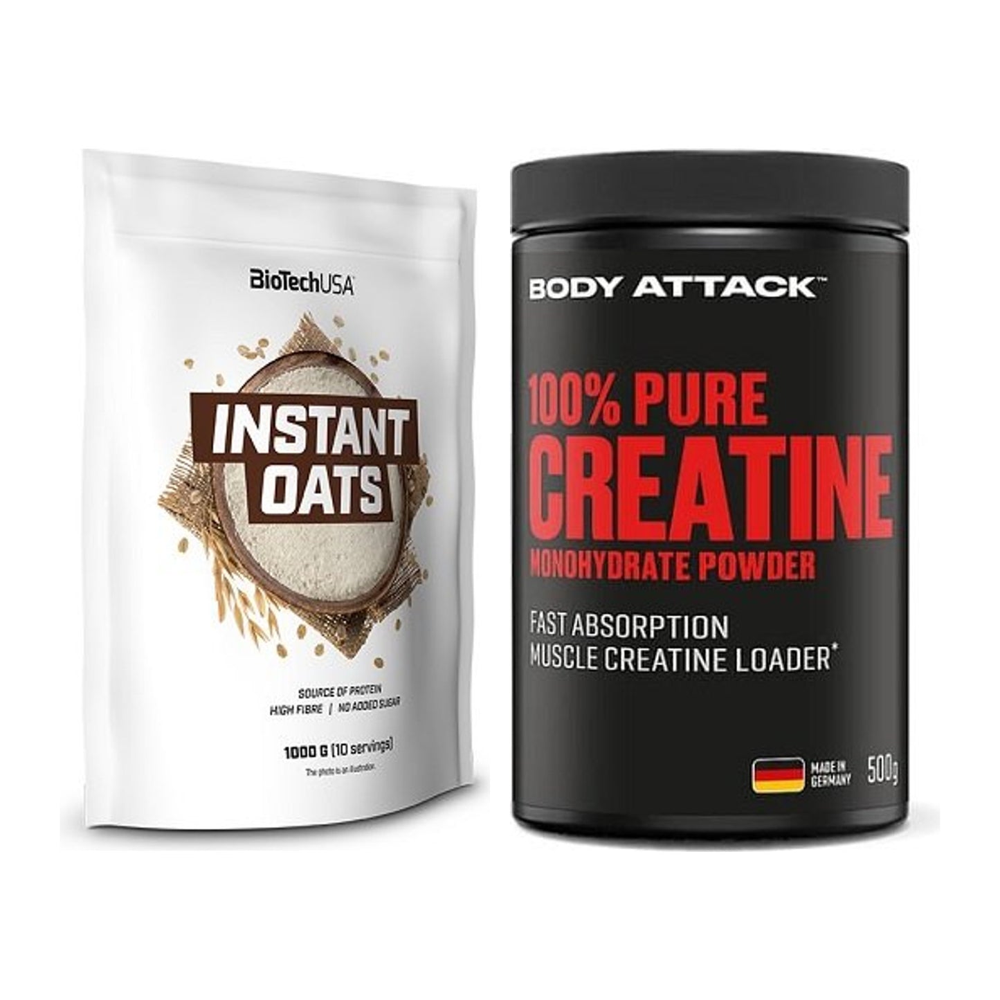 Masseaufbau-Set: BioTech Instant Oats + Body Attack 100% Pure Creatine – alle enthaltenen Artikel