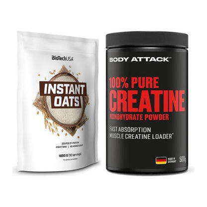 Masseaufbau-Set: BioTech Instant Oats + Body Attack 100% Pure Creatine – alle enthaltenen Artikel