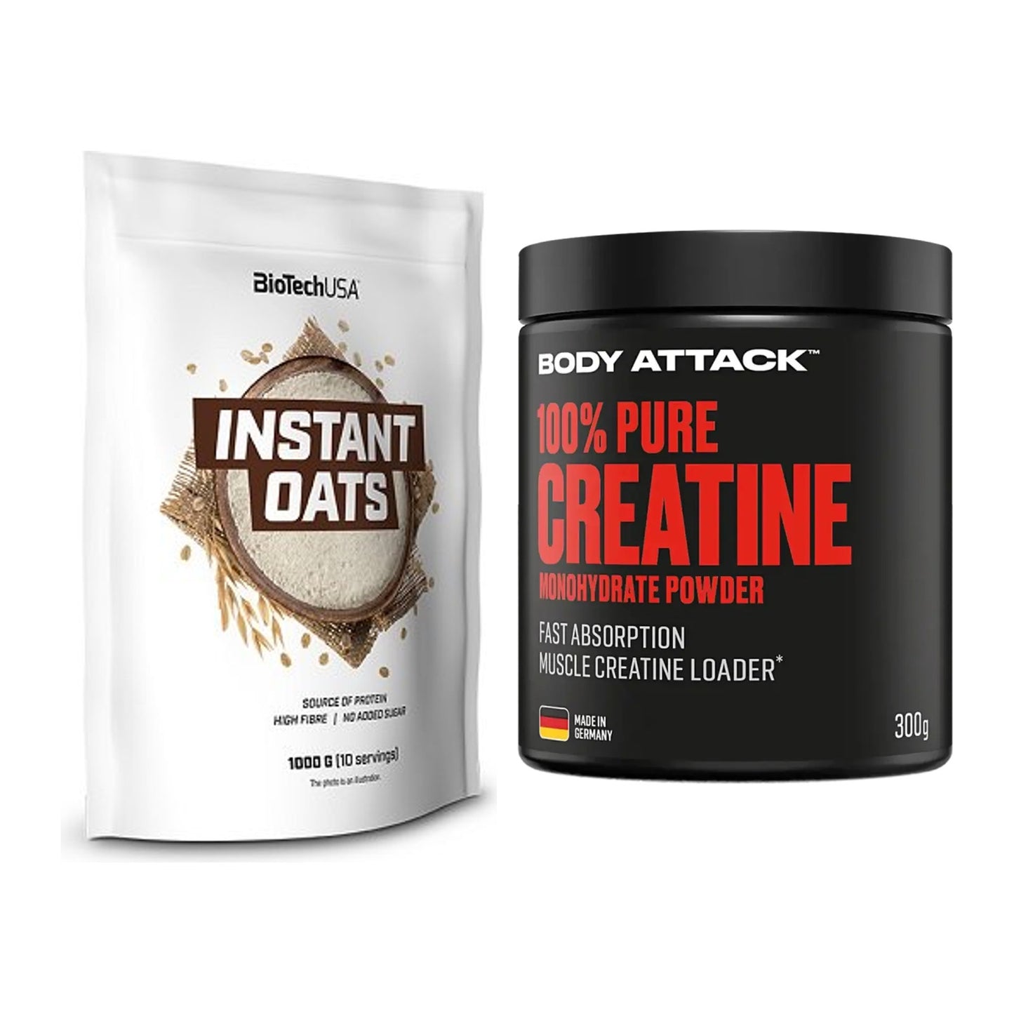 Masseaufbau-Set: BioTech Instant Oats + Body Attack 100% Pure Creatine – alle enthaltenen Artikel