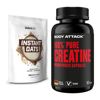 Masseaufbau-Set: BioTech Instant Oats + Body Attack 100% Pure Creatine – alle enthaltenen Artikel