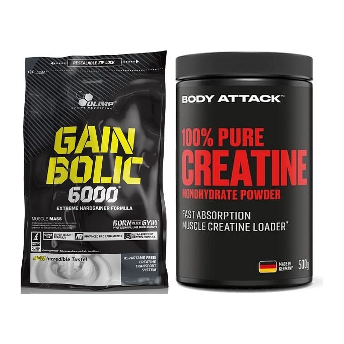 Masseaufbau-Set: Olimp Gain Bolic 6000 1kg + Body Attack 100% Pure – alle enthaltenen Artikel