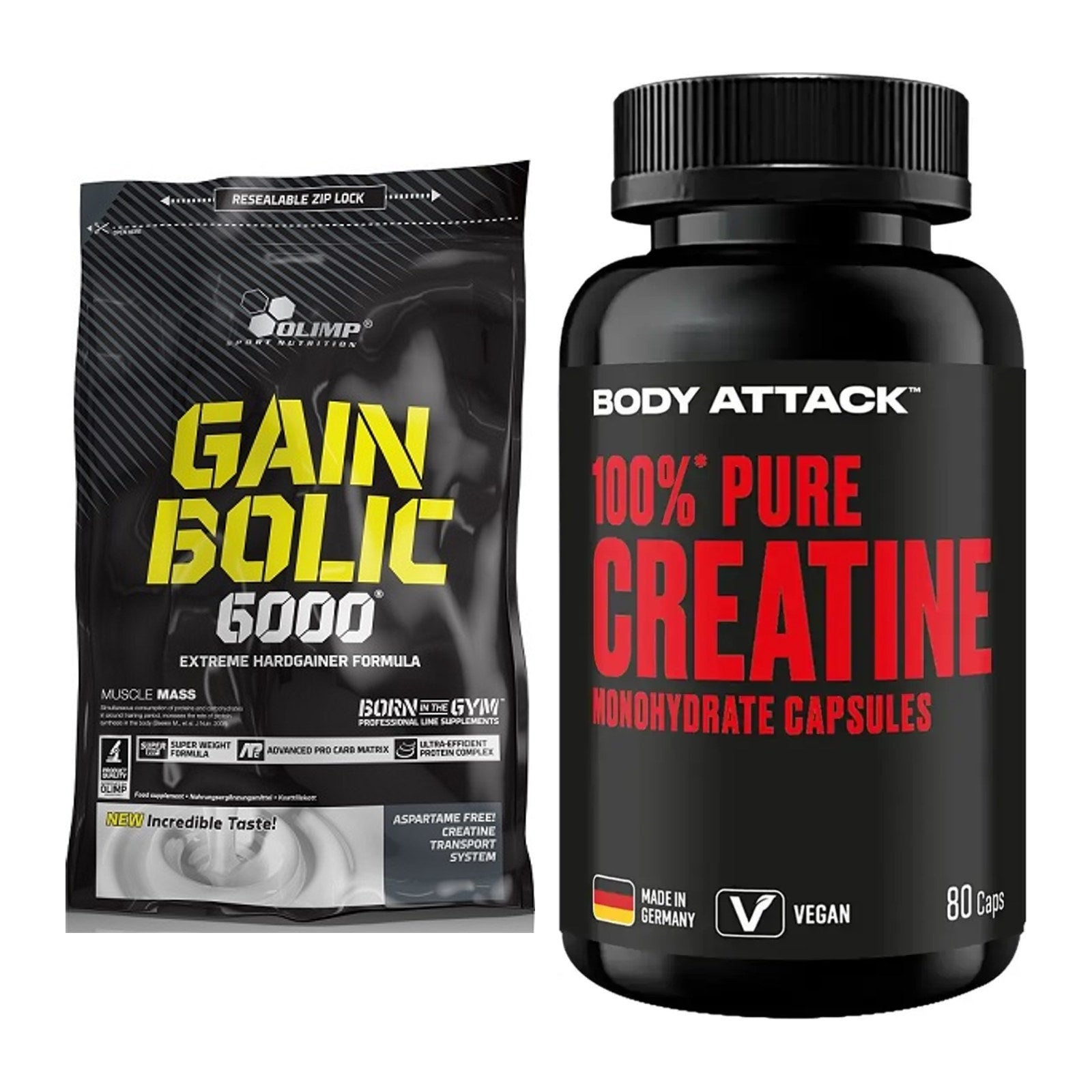 Masseaufbau-Set: Olimp Gain Bolic 6000 + Body Attack 100% Pure – alle enthaltenen Artikel