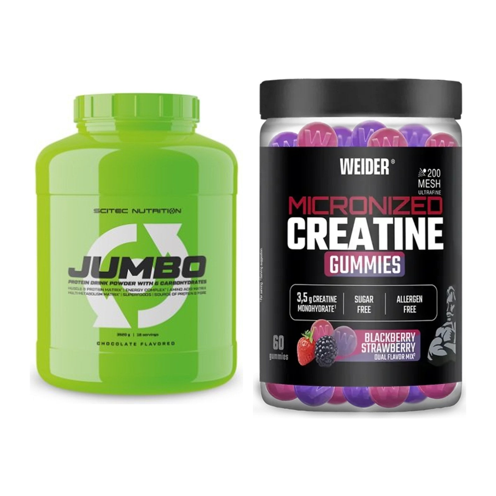 Masseaufbau-Set: Scitec Jumbo + Weider Micronized Creatine Gummies – alle enthaltenen Artikel