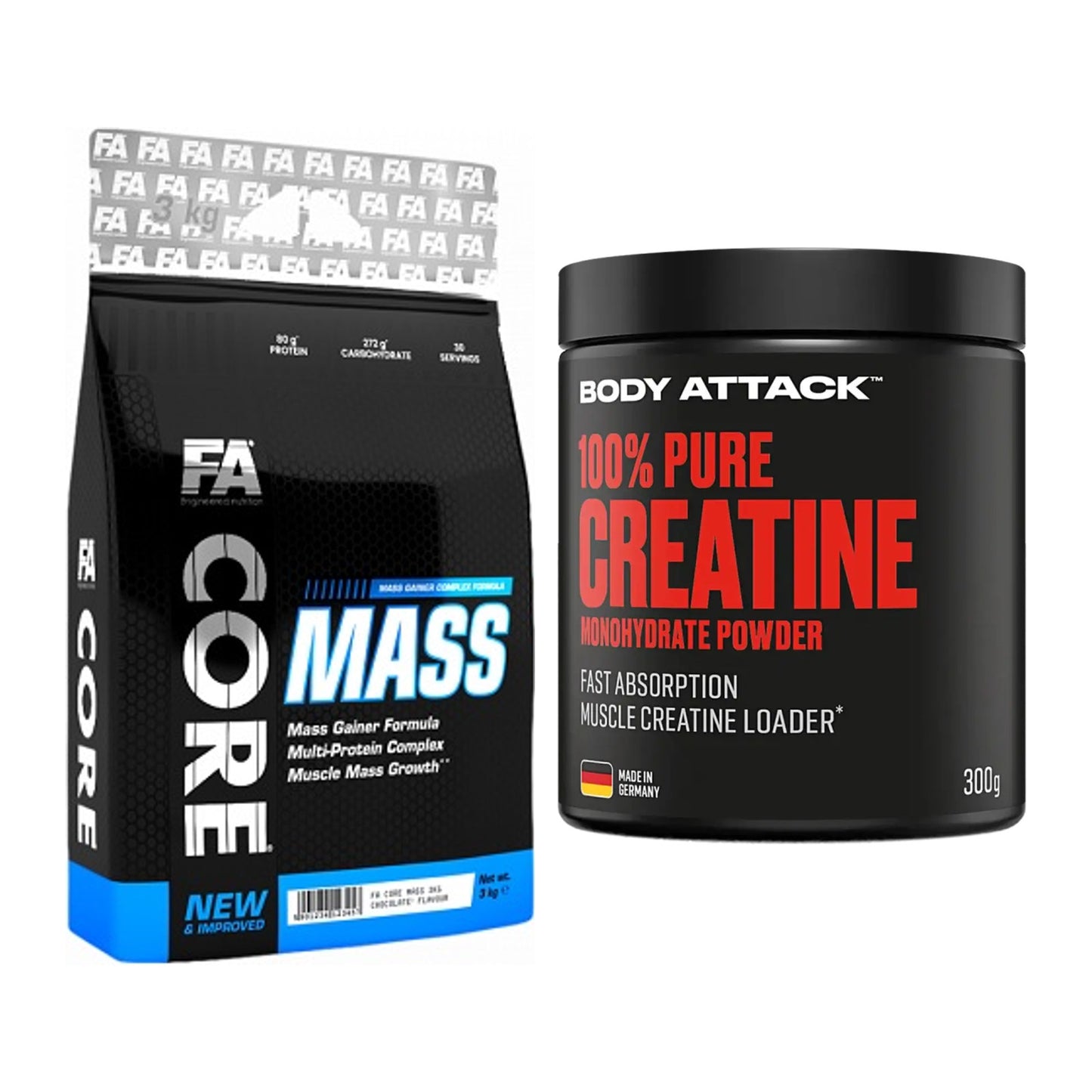 Masseaufbau-Set: FA Nutrition Core Mass + Body Attack 100% Pure – alle enthaltenen Artikel