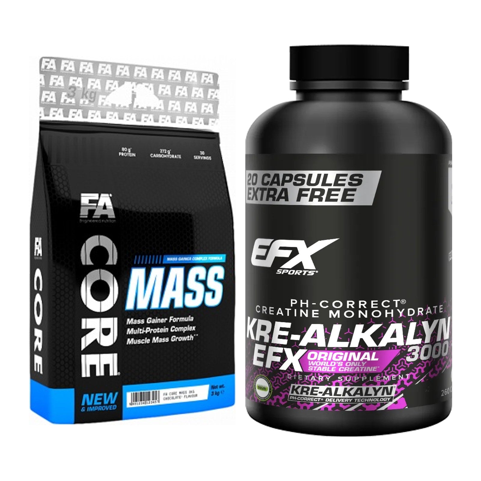 Masseaufbau-Set: FA Nutrition Core Mass + EFX Kre-Alkalyn 3000 – alle enthaltenen Artikel