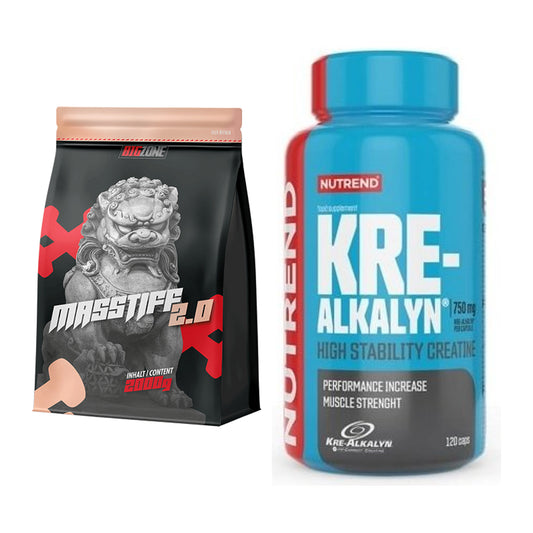 Masseaufbau-Set: Big Zone Masstiff 2.0 + Nutrend Kre-Alkalyn – alle enthaltenen Artikel