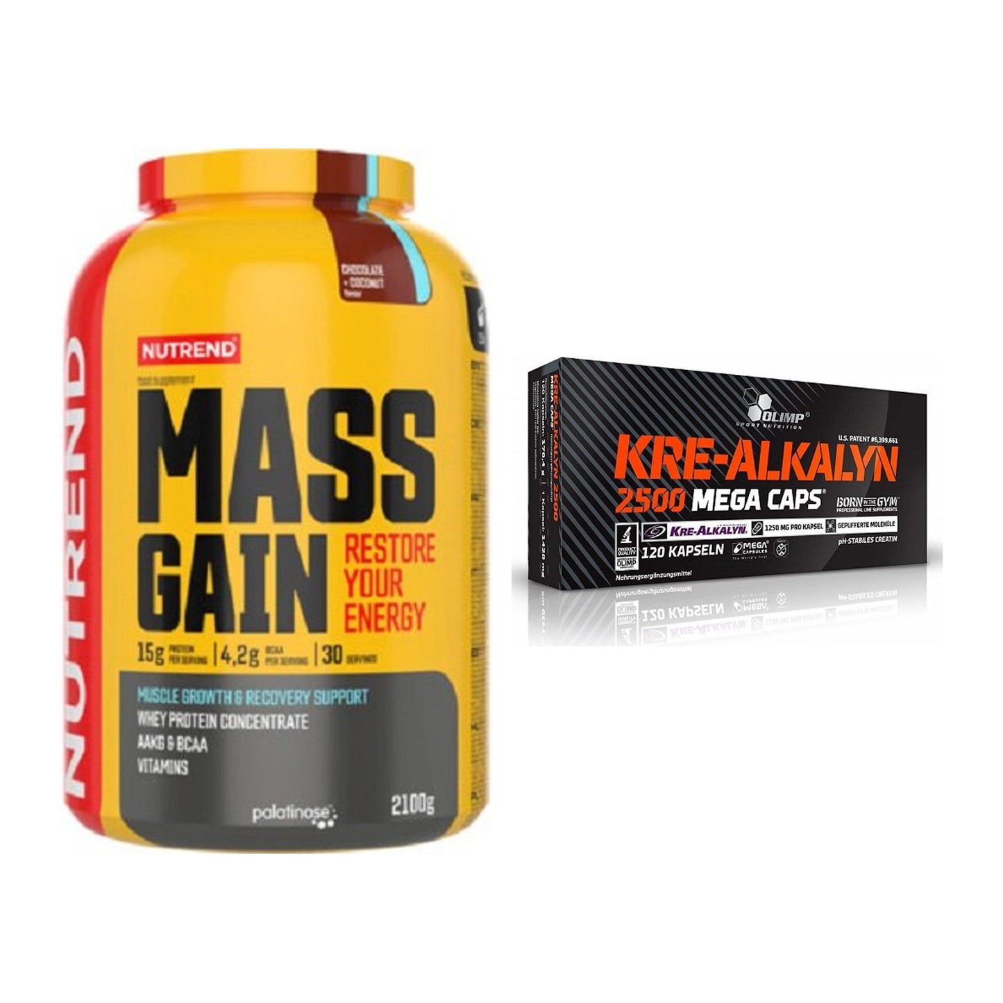 Masseaufbau-Set: Nutrend Mass Gain + Olimp Kre Alkalyn 2500 – alle enthaltenen Artikel
