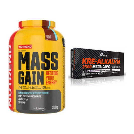 Massi ehituskomplekt: Nutrend Mass Gain + Olimp Kre Alkalyn 2500 – kõik esemed on kaasas