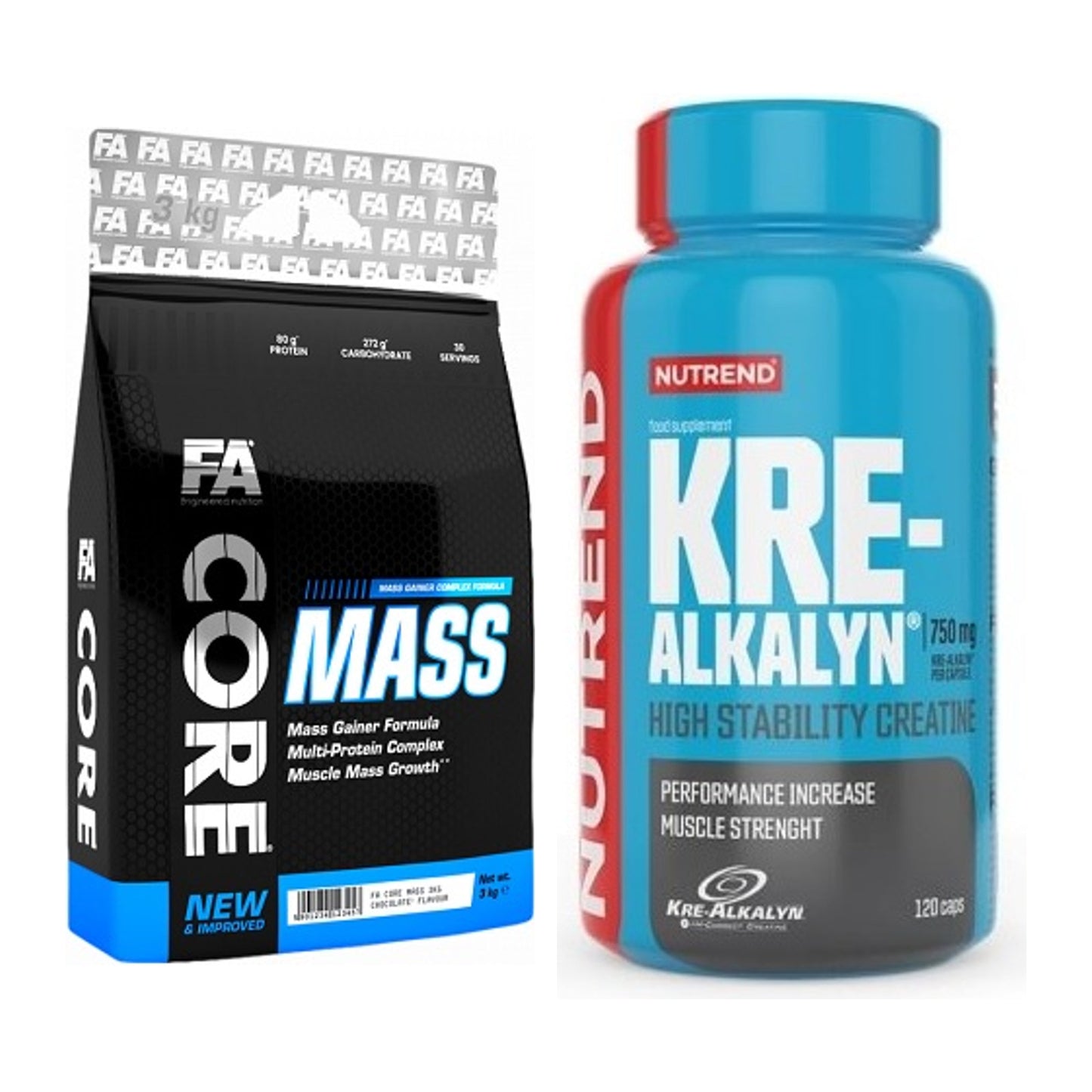 Masseaufbau-Set: FA Nutrition Core Mass + Nutrend Kre-Alkalyn – alle enthaltenen Artikel