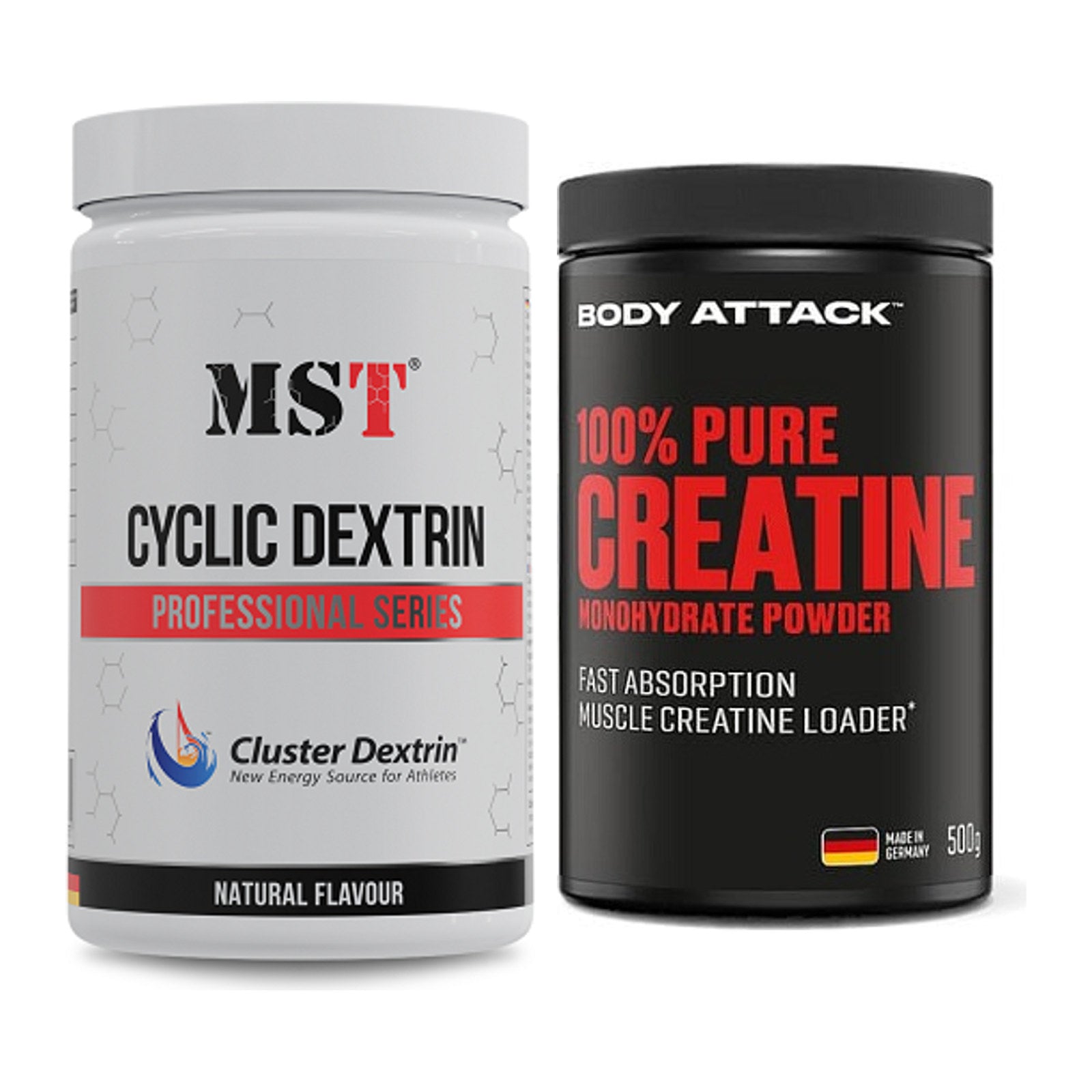 Masseaufbau-Set: MST Cluster Dextrin + Body Attack 100% Pure Creatine – alle enthaltenen Artikel