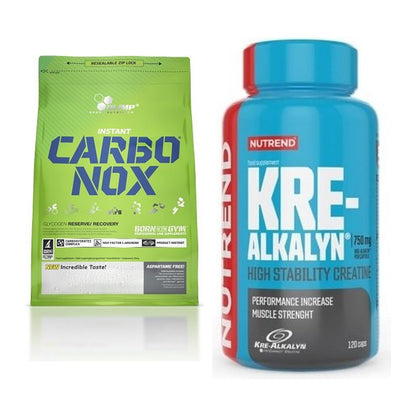 Masseaufbau-Set: Olimp Carbo Nox 1kg Pulver + Nutrend Kre-Alkalyn – alle enthaltenen Artikel