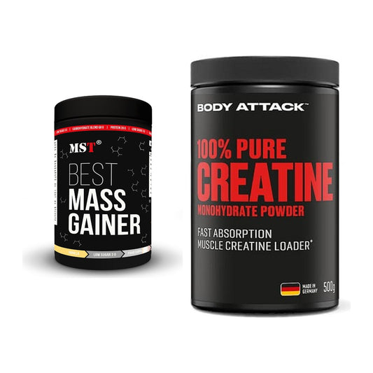Masseaufbau-Set: MST Best Mass Gainer + Body Attack 100% Pure – alle enthaltenen Artikel