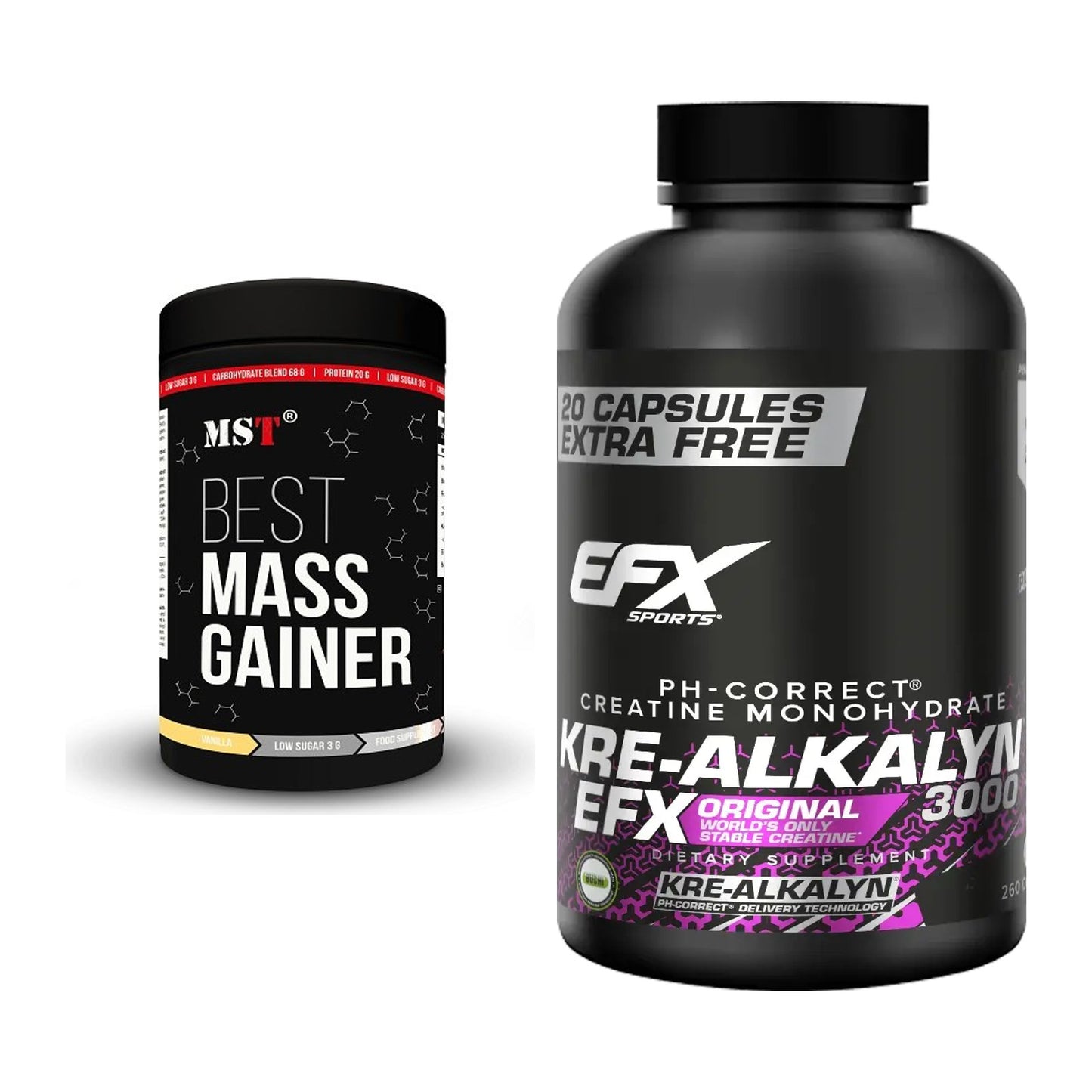 Masseaufbau-Set: MST Best Mass Gainer 1000g + EFX Kre-Alkalyn 3000 – alle enthaltenen Artikel
