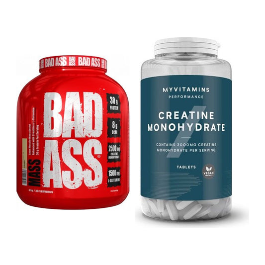 Massi ehituskomplekt: BAD ASS MASS + MyProtein MyVitamins Kreatiin – kõik esemed on kaasas