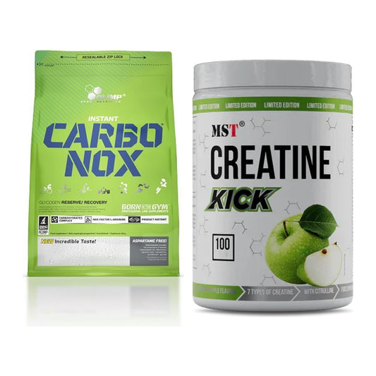 Masseaufbau-Set: Olimp Carbo Nox 1kg Pulver + MST Creatine Kick – alle enthaltenen Artikel