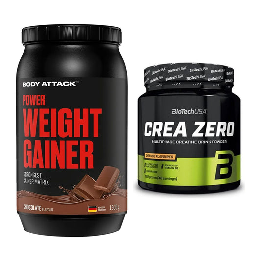 Masseaufbau-Set: Body Attack Power Weight Gainer + BioTech Crea Zero – alle enthaltenen Artikel