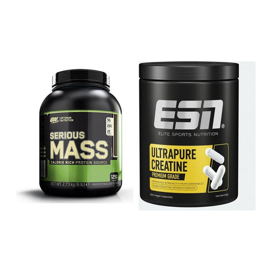 Massebyggesett: Optimum Nutrition Serious + ESN Ultrapure Creatine - alle varer inkludert
