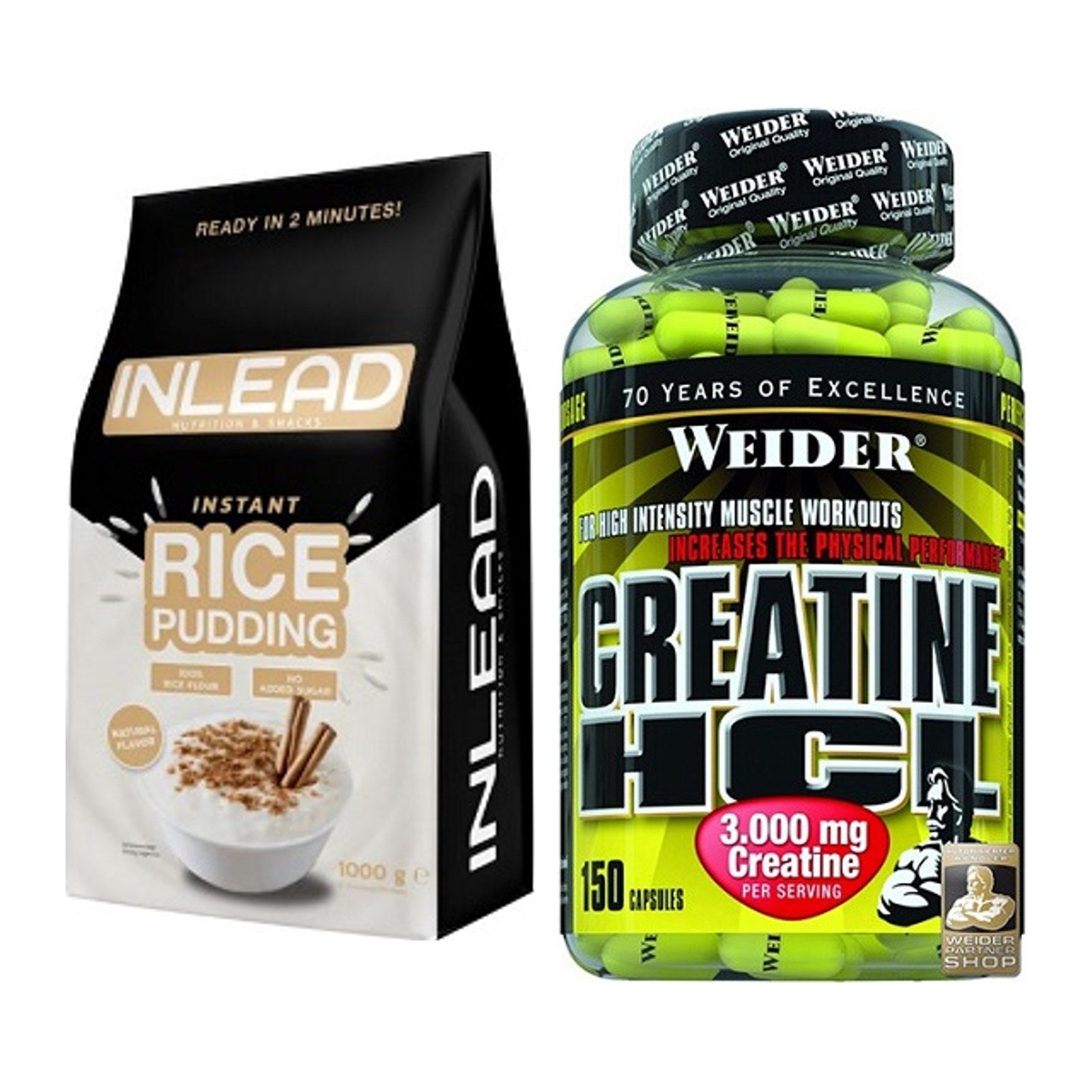 Masseaufbau-Set: INLEAD Instant Rice Pudding + Weider Creatin HCL – alle enthaltenen Artikel