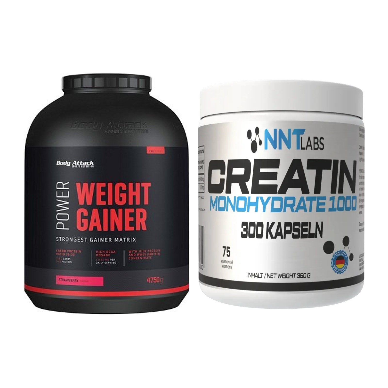 Masseaufbau-Set: Body Attack Power Weight Gainer + NNT Creatin 1000 mg – alle enthaltenen Artikel