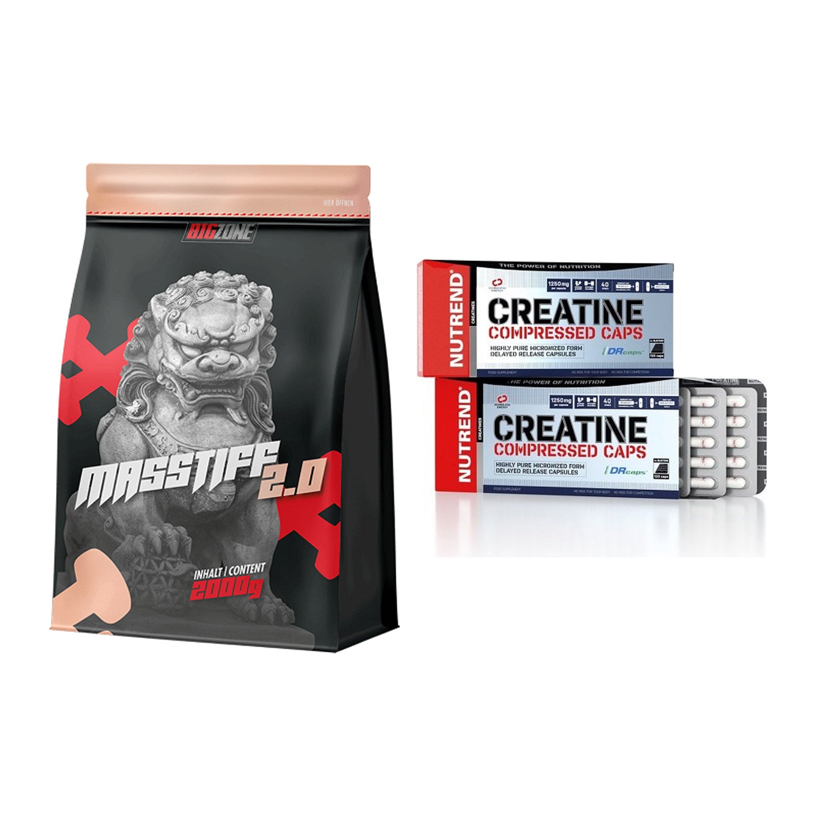 Masseaufbau-Set: Big Zone Masstiff 2.0 + Nutrend Creatine – alle enthaltenen Artikel