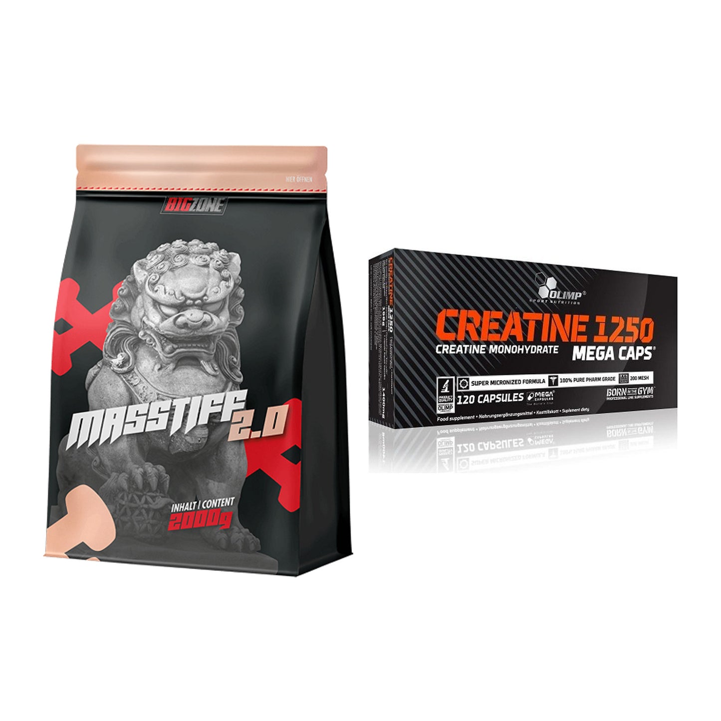 Masseaufbau-Set: Big Zone Masstiff 2.0 + Olimp Creatine Mega Caps – alle enthaltenen Artikel
