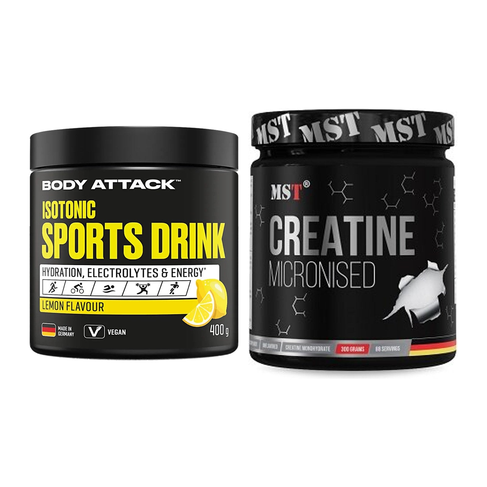 Masseaufbau-Set: Body Attack Isotonic + MST Creatin Monohydrate – alle enthaltenen Artikel