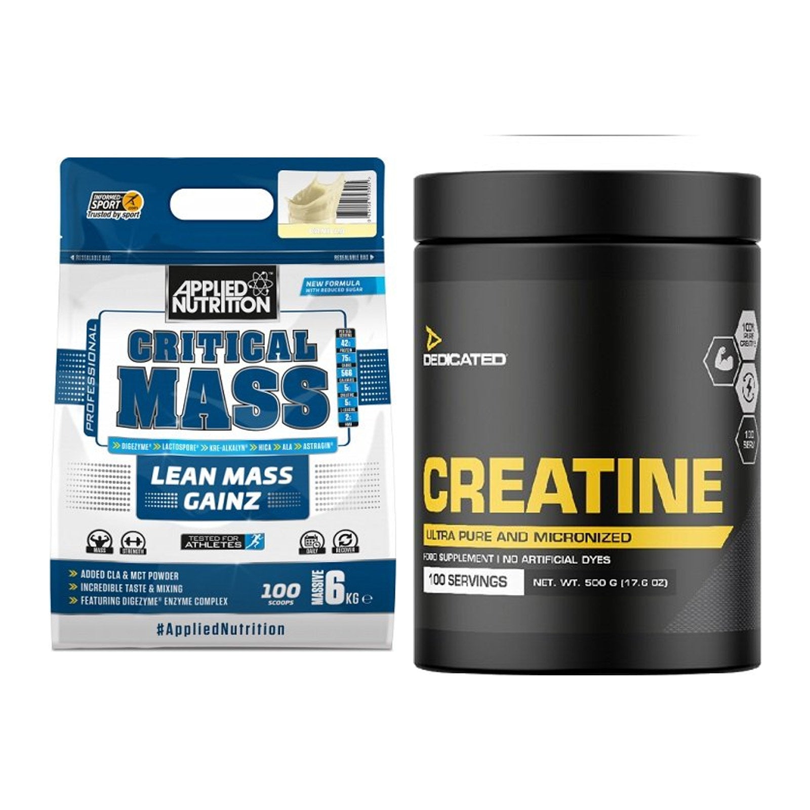 Masseaufbau-Set: Applied Nutrition Critical Mass + Dedicated Creatine – alle enthaltenen Artikel