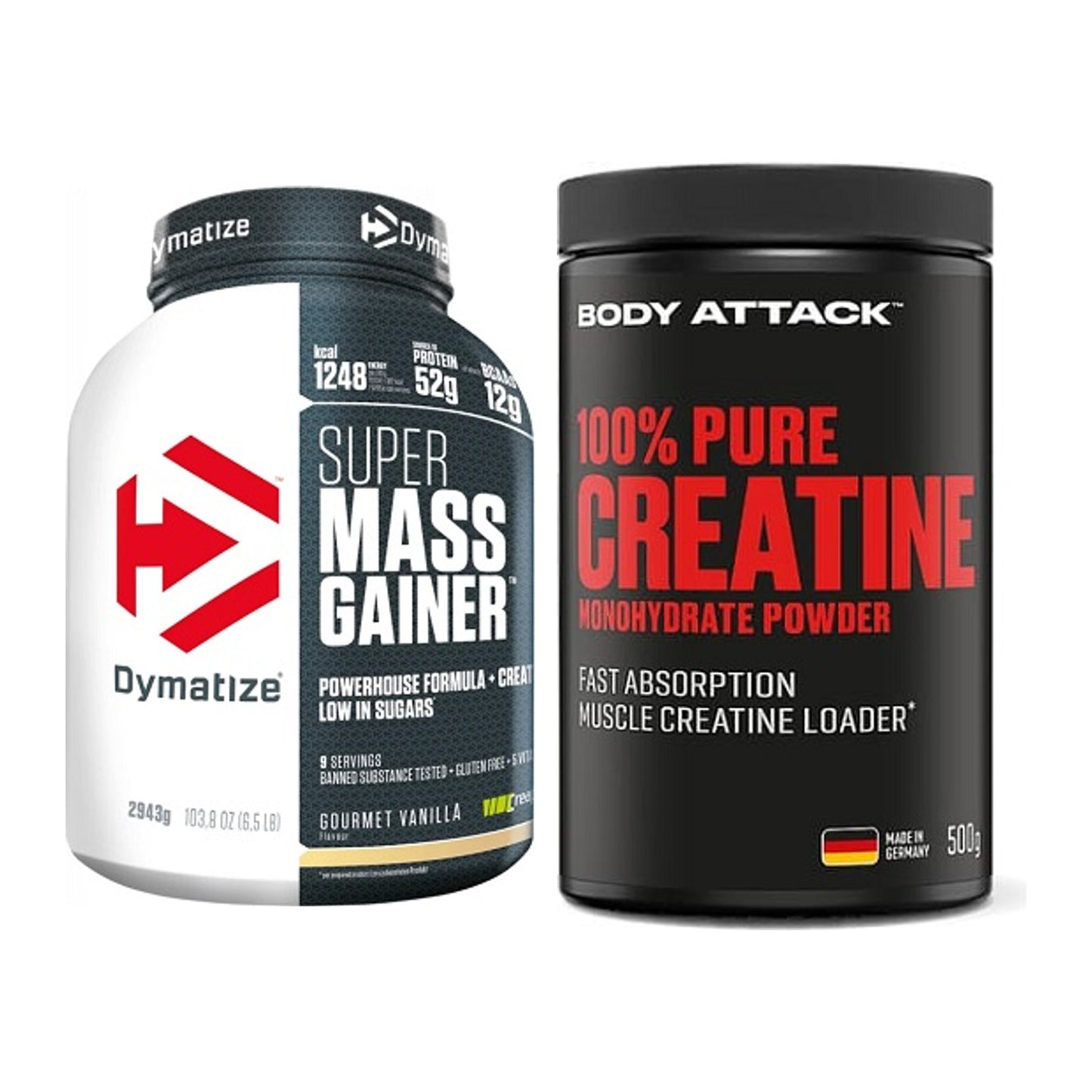 Masseaufbau-Set: Dymatize Super Mass + Body Attack 100% Pure – alle enthaltenen Artikel
