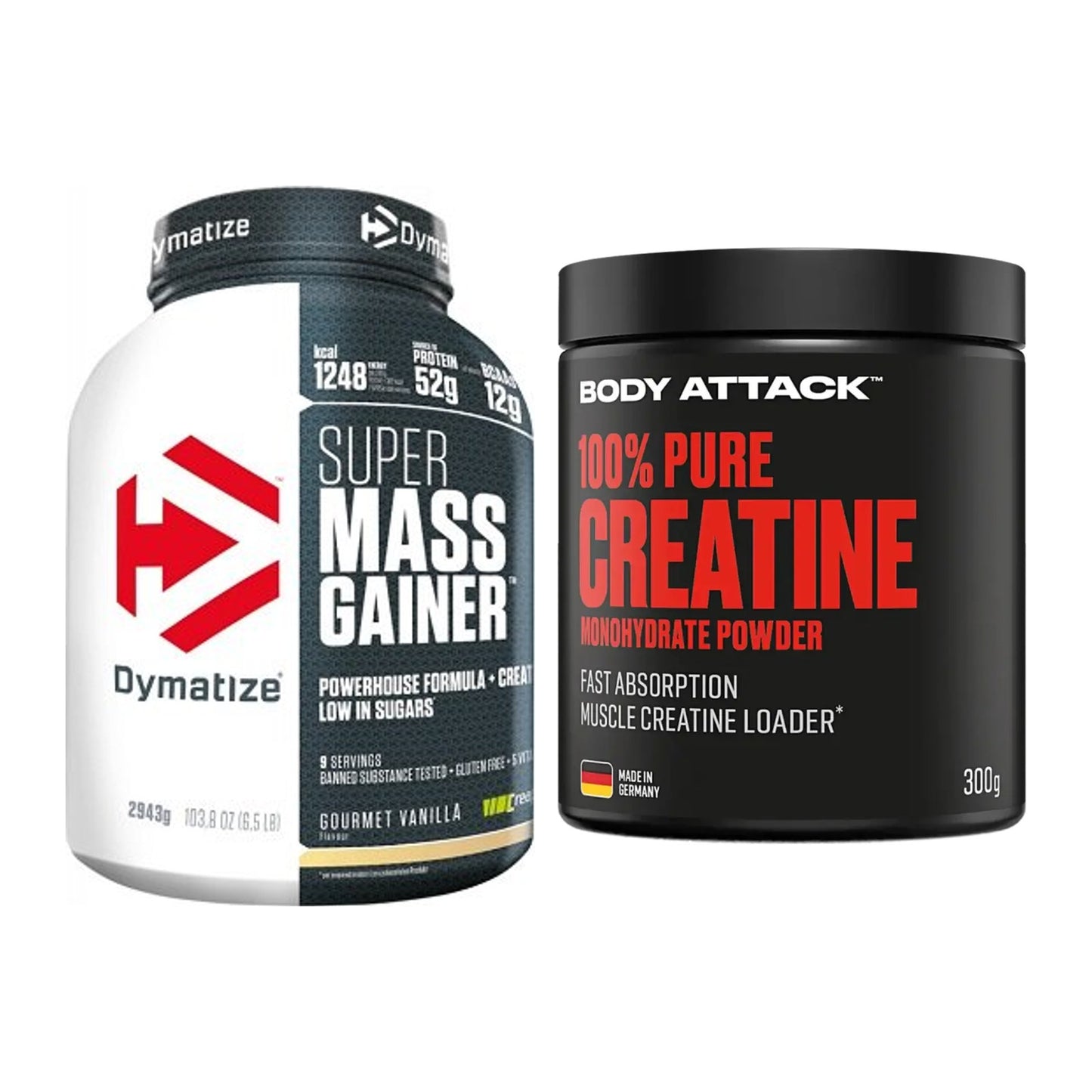 Masseaufbau-Set: Dymatize Super Mass + Body Attack 100% Pure – alle enthaltenen Artikel