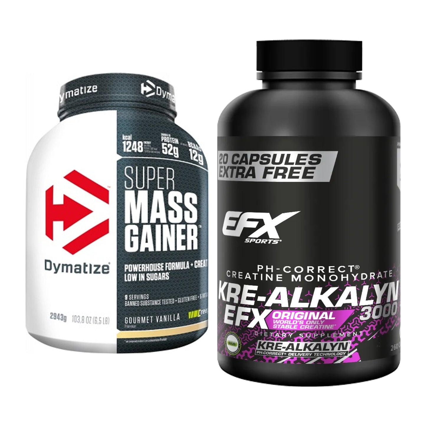 Masseaufbau-Set: Dymatize Super Mass Gainer + EFX Kre-Alkalyn 3000 – alle enthaltenen Artikel