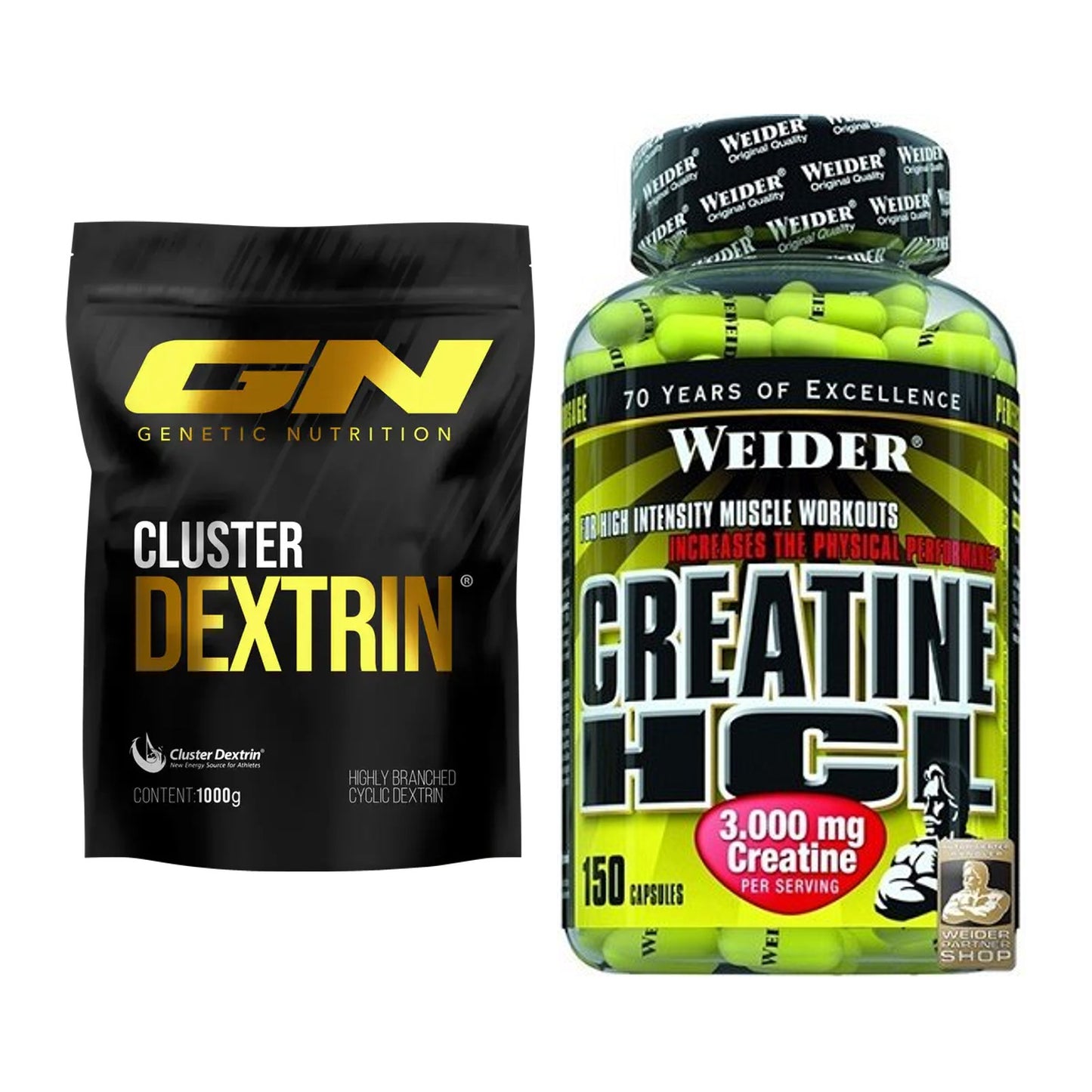 Masseaufbau-Set: GN Cluster Dextrin + Weider Creatin HCL – alle enthaltenen Artikel