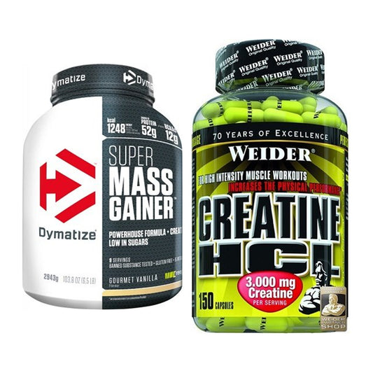 Masseaufbau-Set: Dymatize Super Mass Gainer 2943g + Weider Creatin HCL – alle enthaltenen Artikel