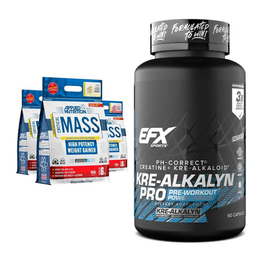Mass Building Kit: Applied Nutrition Critical Mass + EFX Kre-Alkalyn PRO - minden elemet tartalmaz