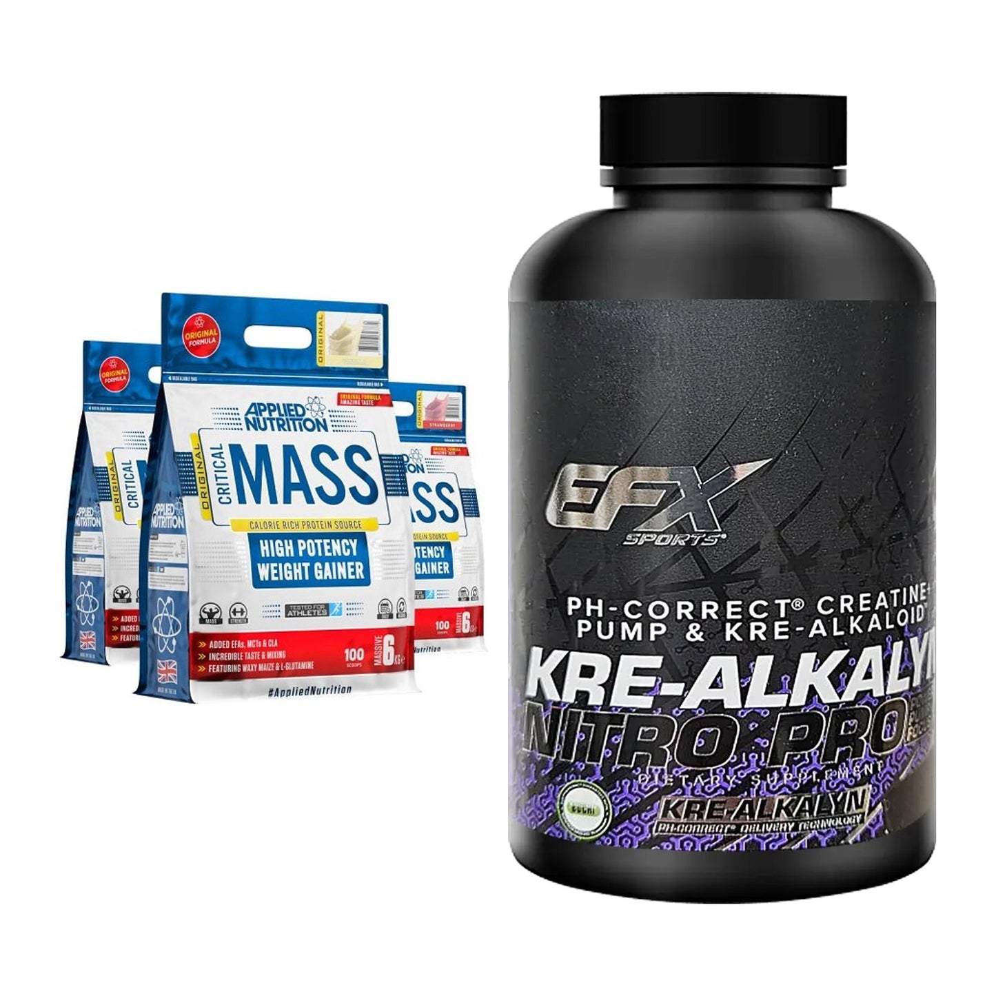 Masseaufbau-Set: Applied Nutrition + EFX Kre-Alkalyn Nitro PRO – alle enthaltenen Artikel