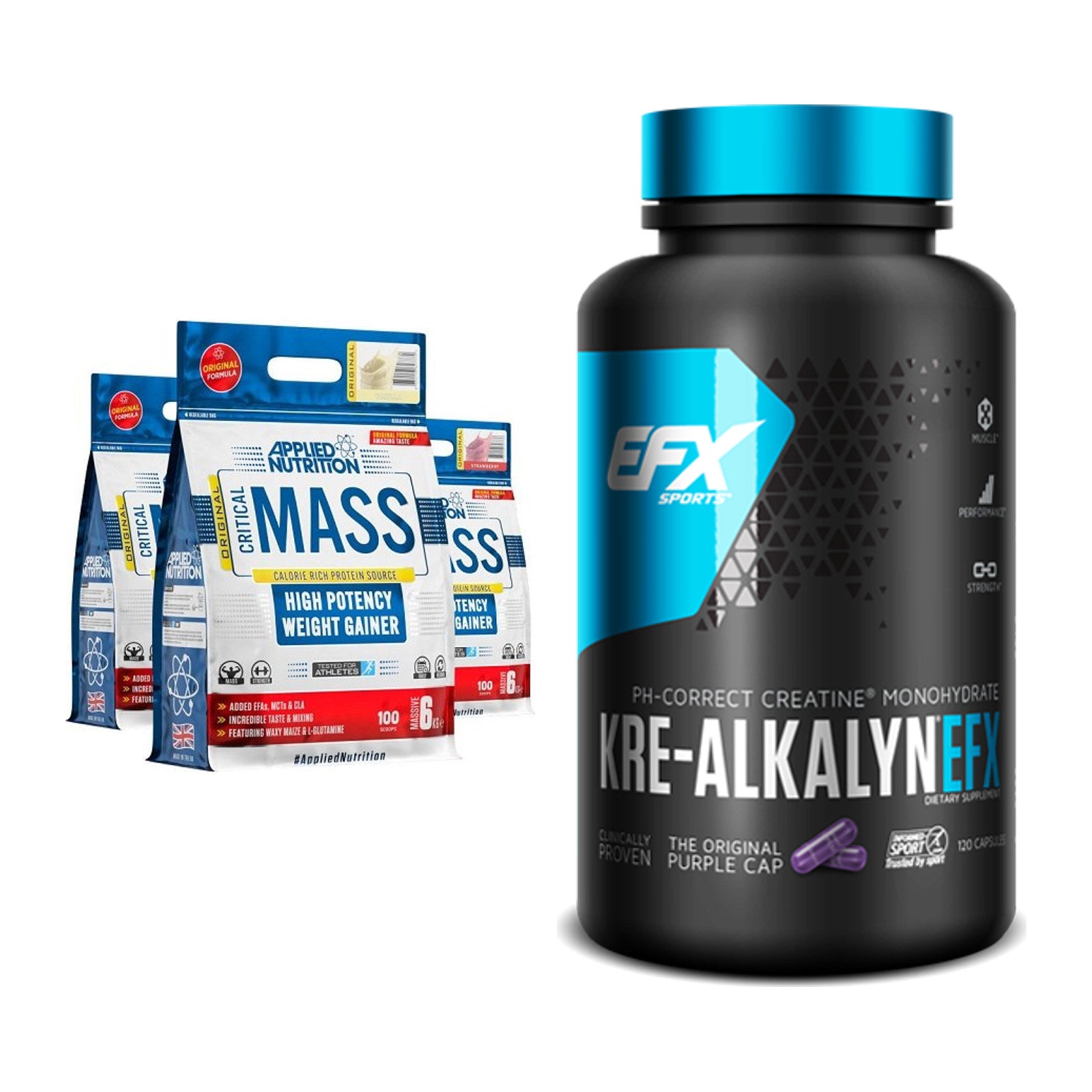 Masseaufbau-Set: Applied Nutrition Critical Mass + EFX Kre-Alkalyn – alle enthaltenen Artikel
