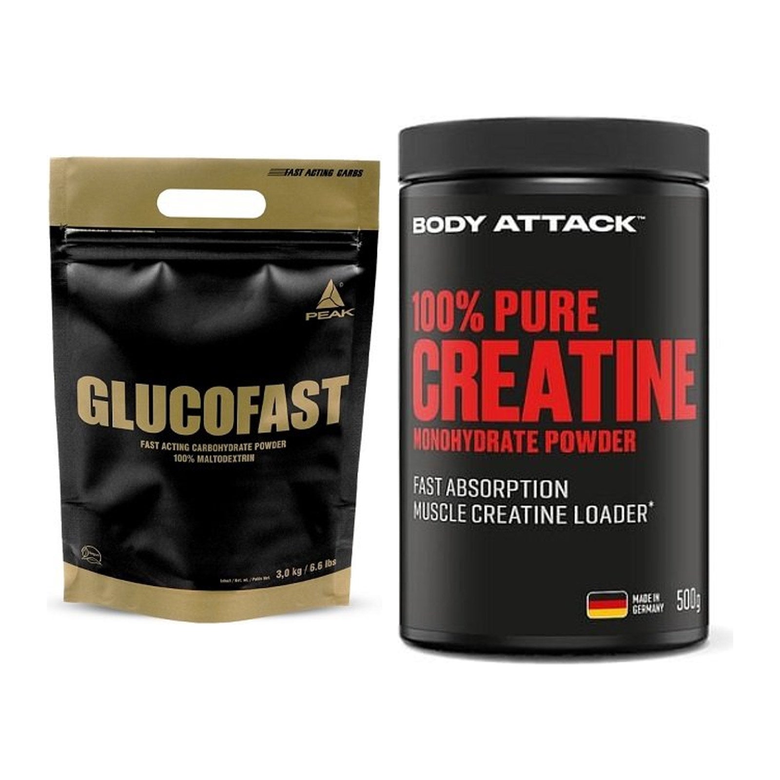 Masseaufbau-Set: Peak Glucofast + Body Attack 100% Pure Creatine – alle enthaltenen Artikel