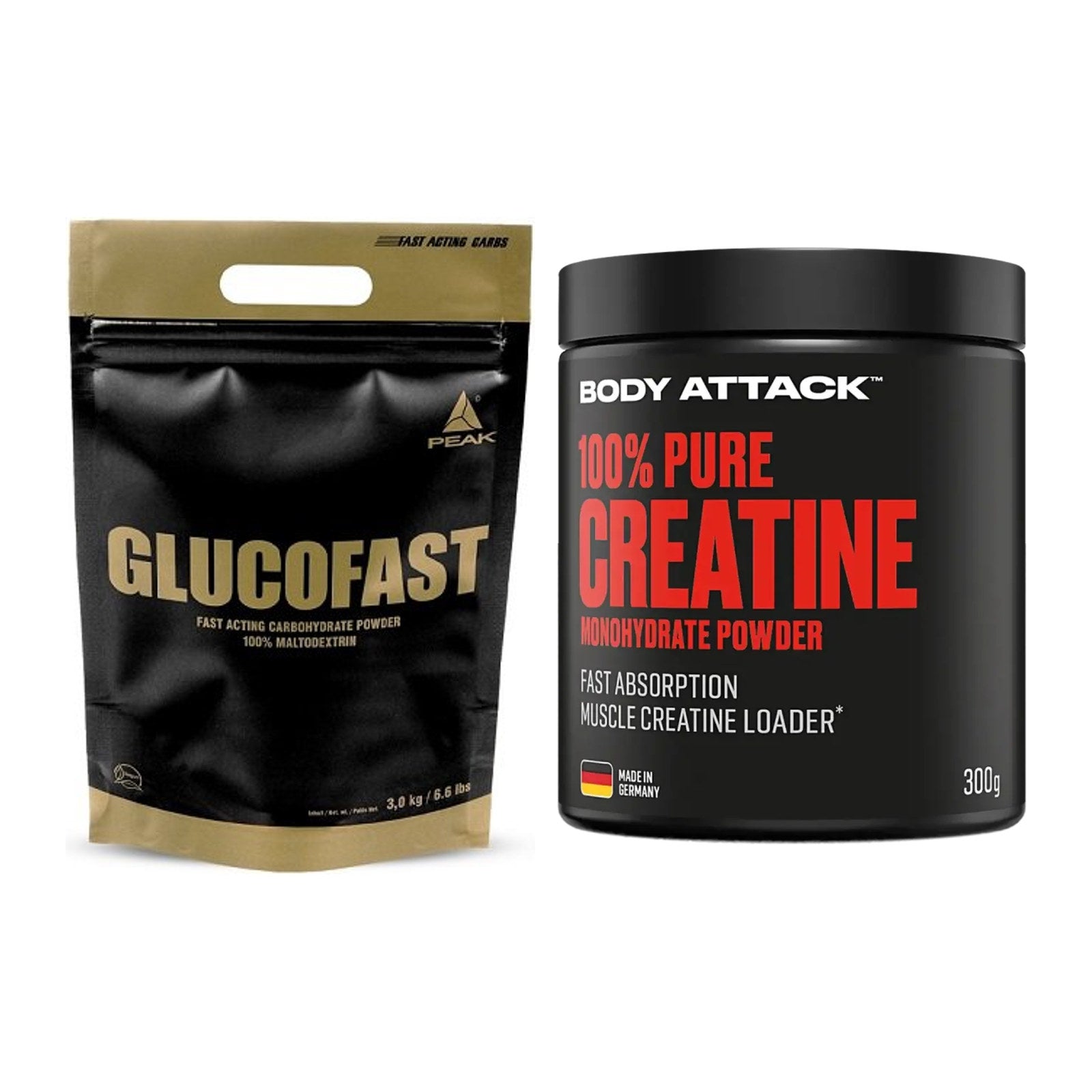 Masseaufbau-Set: Peak Glucofast + Body Attack 100% Pure Creatine – alle enthaltenen Artikel