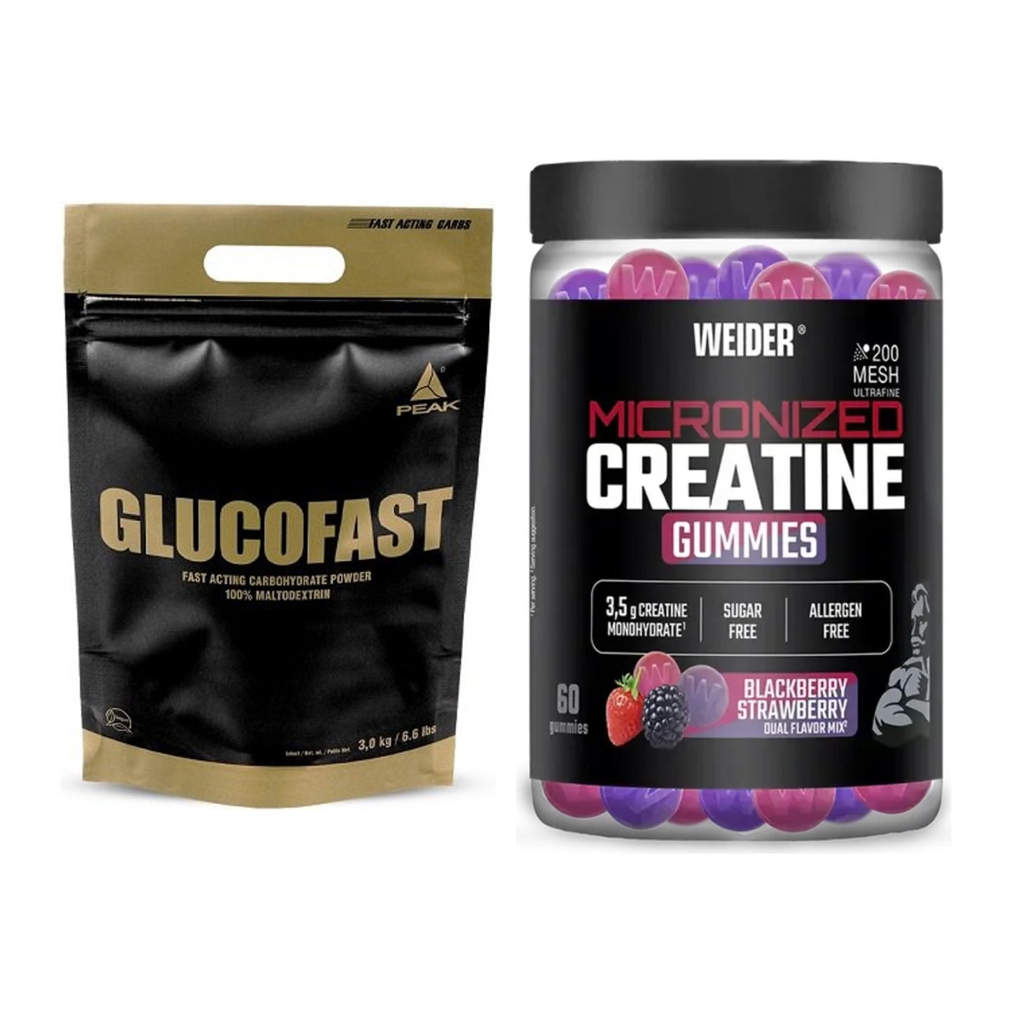 Masseaufbau-Set: Peak Glucofast + Weider Micronized Creatine Gummies – alle enthaltenen Artikel