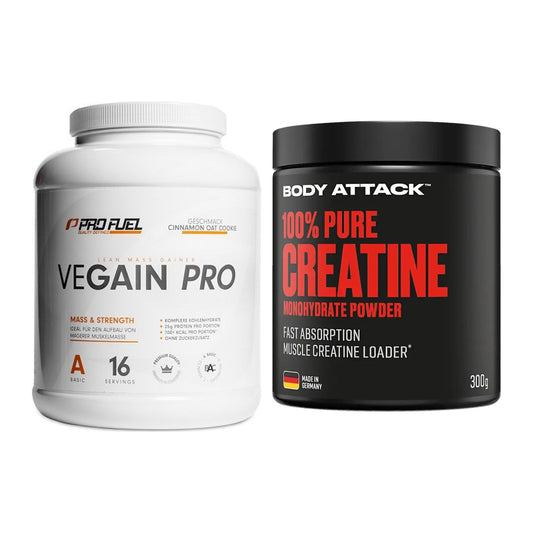 Masseaufbau-Set: ProFuel VEGAIN Pro + Body Attack 100% Pure Creatine – alle enthaltenen Artikel