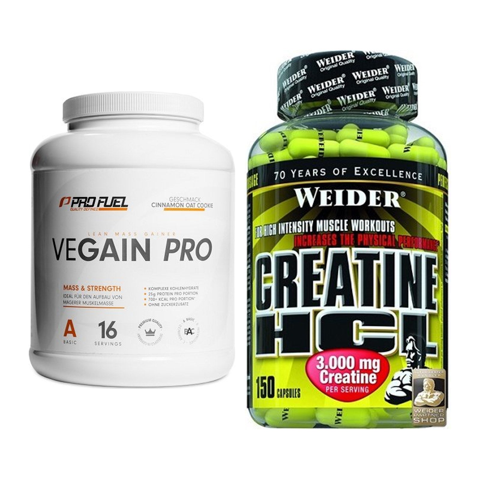 Masseaufbau-Set: ProFuel VEGAIN Pro + Weider Creatin HCL – alle enthaltenen Artikel
