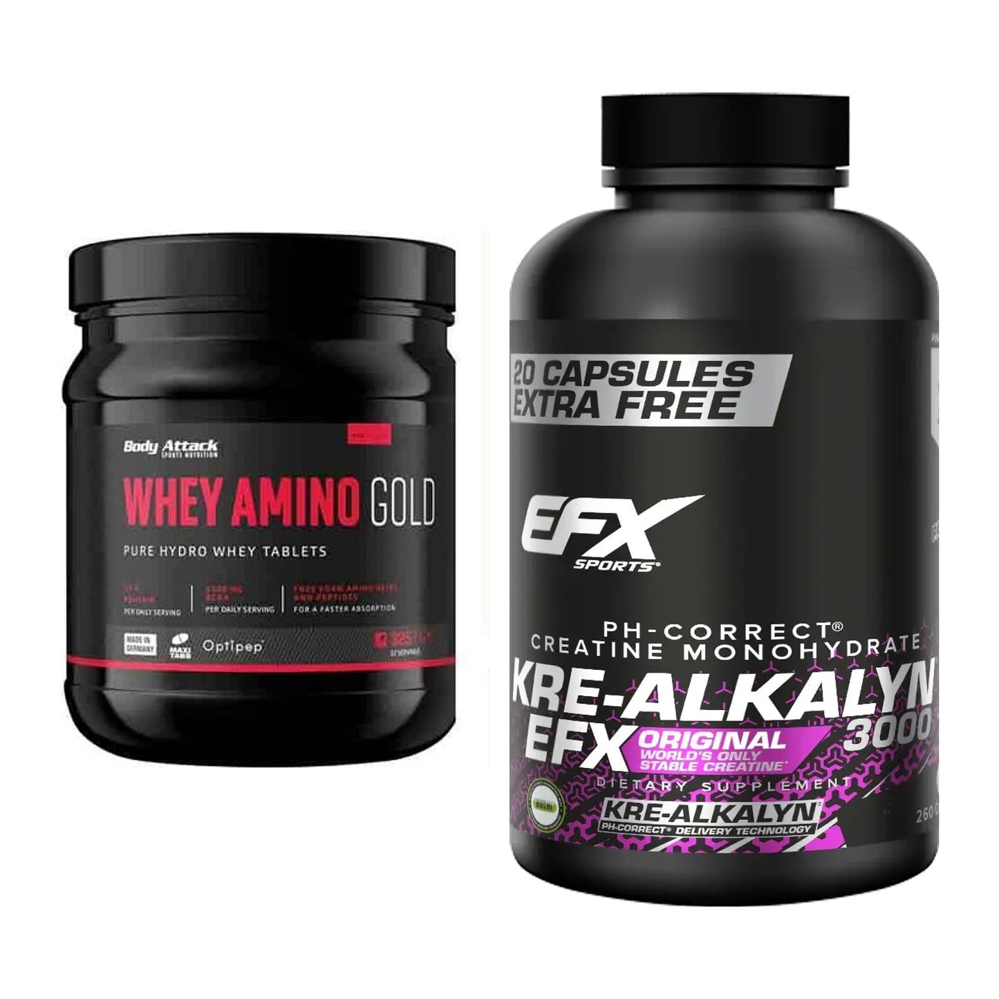 Muskelaufbau-Set: Body Attack Whey Amino Gold + EFX Kre-Alkalyn 3000 – alle enthaltenen Artikel